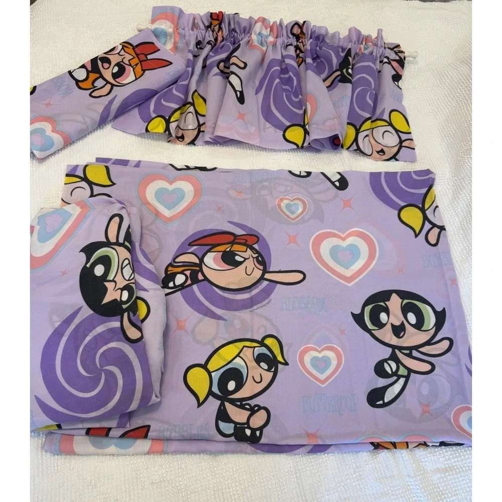 Vtg Y2K Powerpuff Girls Twin Flat & Fitted Sheet Set + 2 Valance Curtains Purple